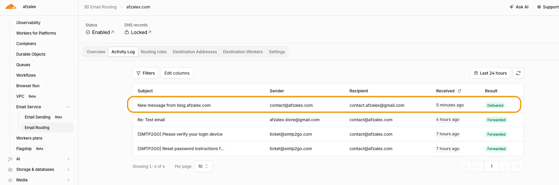 Cloudflare activity log showing the website-form message delivered from the domain sender to the verified Gmail destination.
