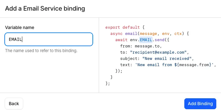 Cloudflare dialog for adding an Email Service binding named EMAIL.