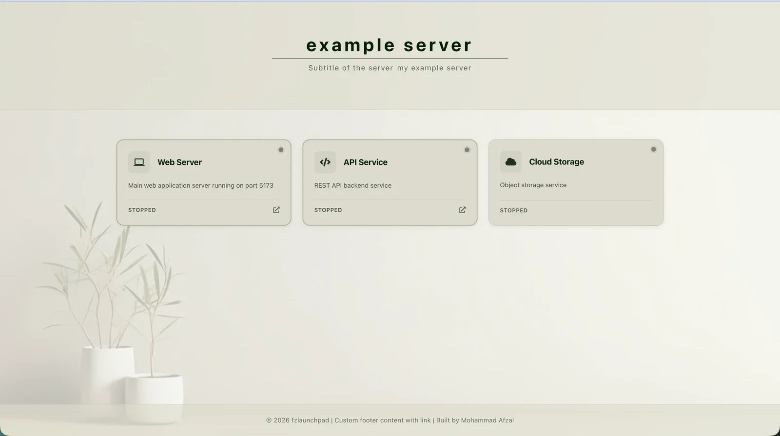 An example fzlaunchpad configuration rendered as a server header, three service cards, a custom background, and a footer.