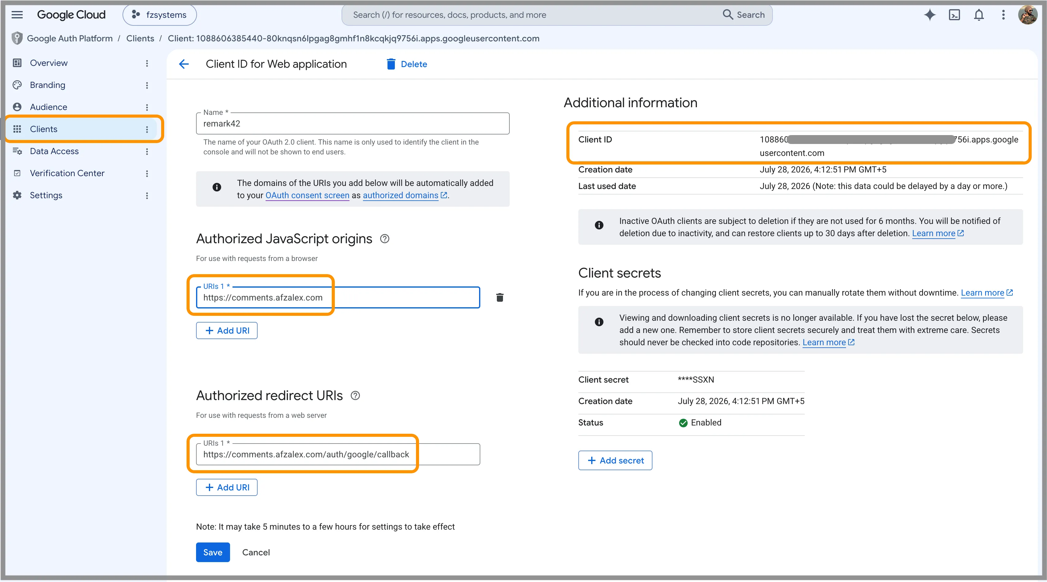 Google OAuth web client configured with the Remark42 origin and callback URL.