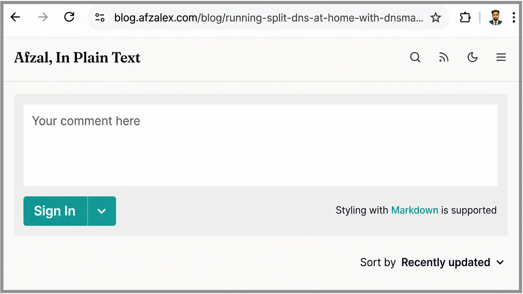 The Remark42 comment editor embedded in the Astro blog before the visitor signs in.