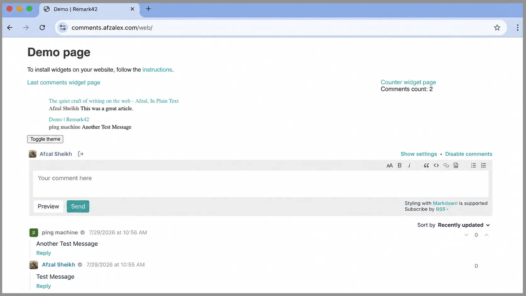 Remark42's built-in demo page reached through comments.afzalex.com, showing the authenticated editor and stored comments.