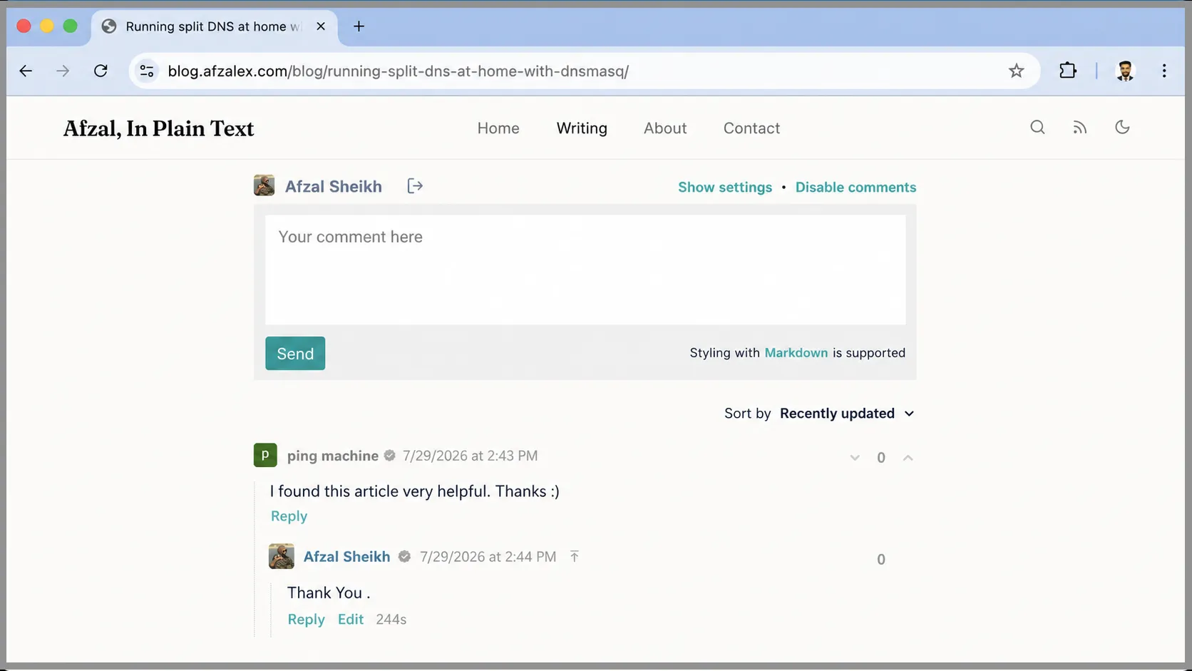 A published Remark42 comment and a nested reply displayed inside the Astro article.