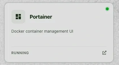 A fzlaunchpad service card for Portainer showing its icon, description, running status, link indicator, and green health dot.
