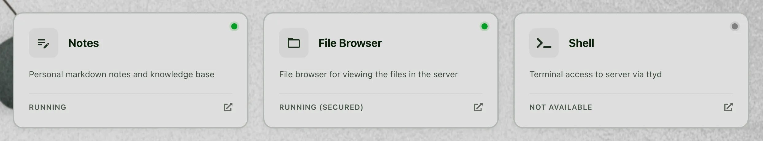 A fzlaunchpad service card for Portainer showing its icon, description, running status, link indicator, and green health dot.
