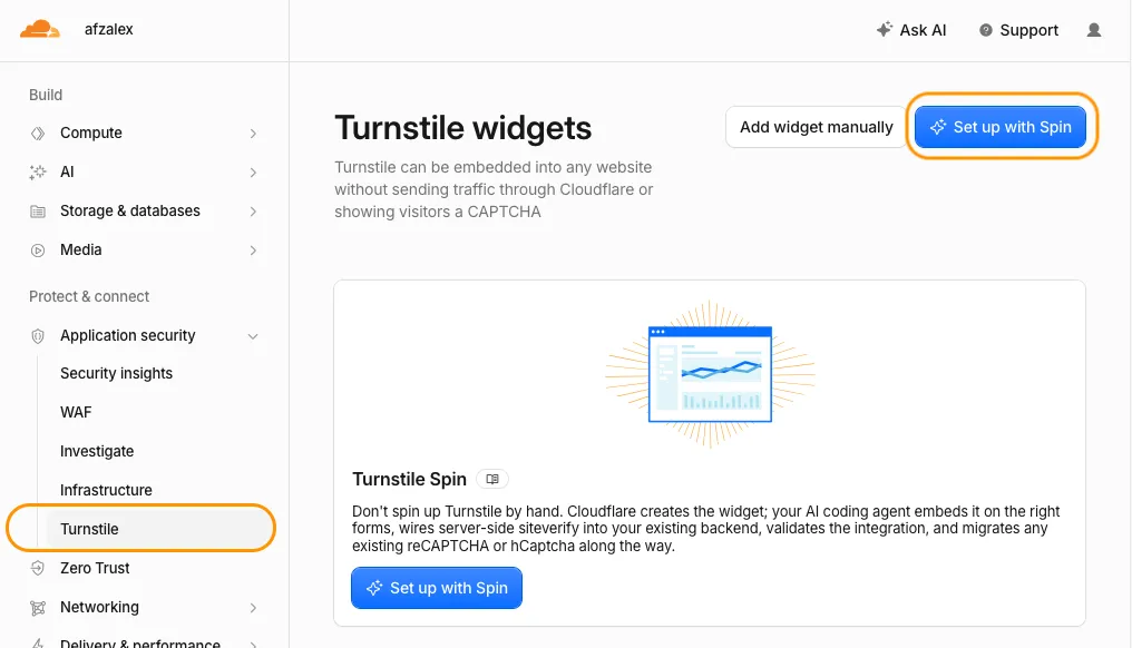 Cloudflare Turnstile dashboard with the Turnstile navigation and Set up with Spin button highlighted.