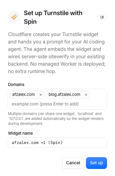 Cloudflare Spin setup dialog with afzalex.com and blog.afzalex.com configured as widget domains.