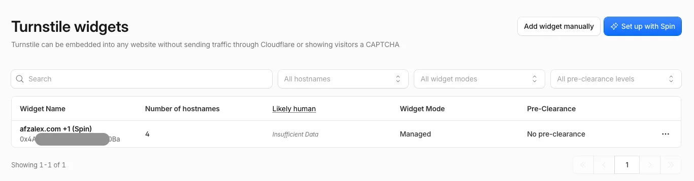 Cloudflare dashboard listing the newly created managed Turnstile widget and its configured hostnames.