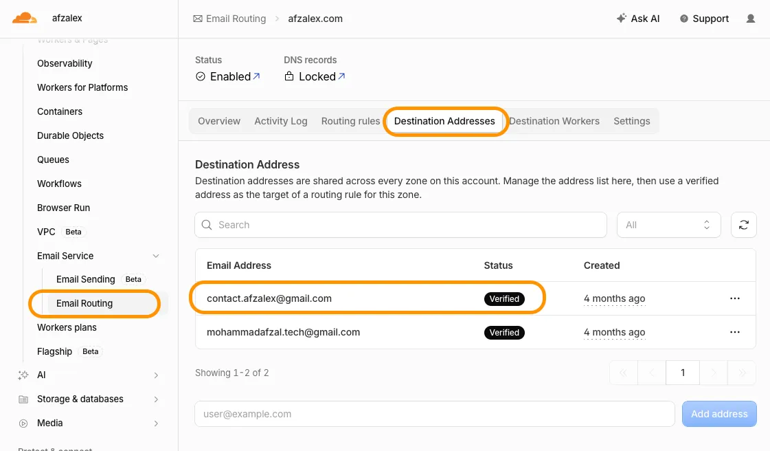 Cloudflare Email Routing showing the Gmail destination address as verified.