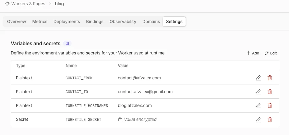 Cloudflare Worker variables showing the fixed sender, verified destination, allowed hostname, and encrypted Turnstile secret.